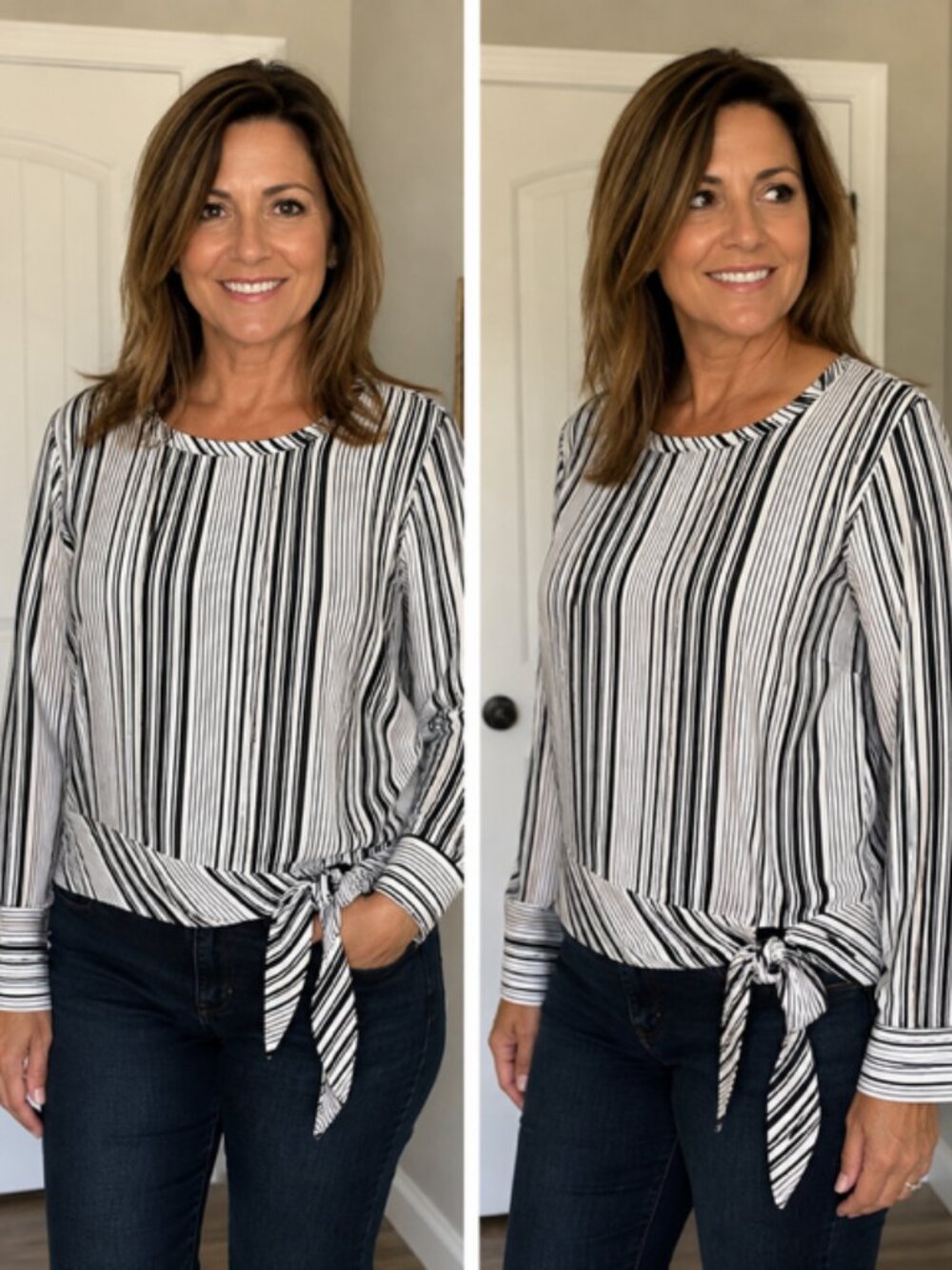 Talbots Black White Striped Side Tie Long Sleeve Blouse Top Sz L